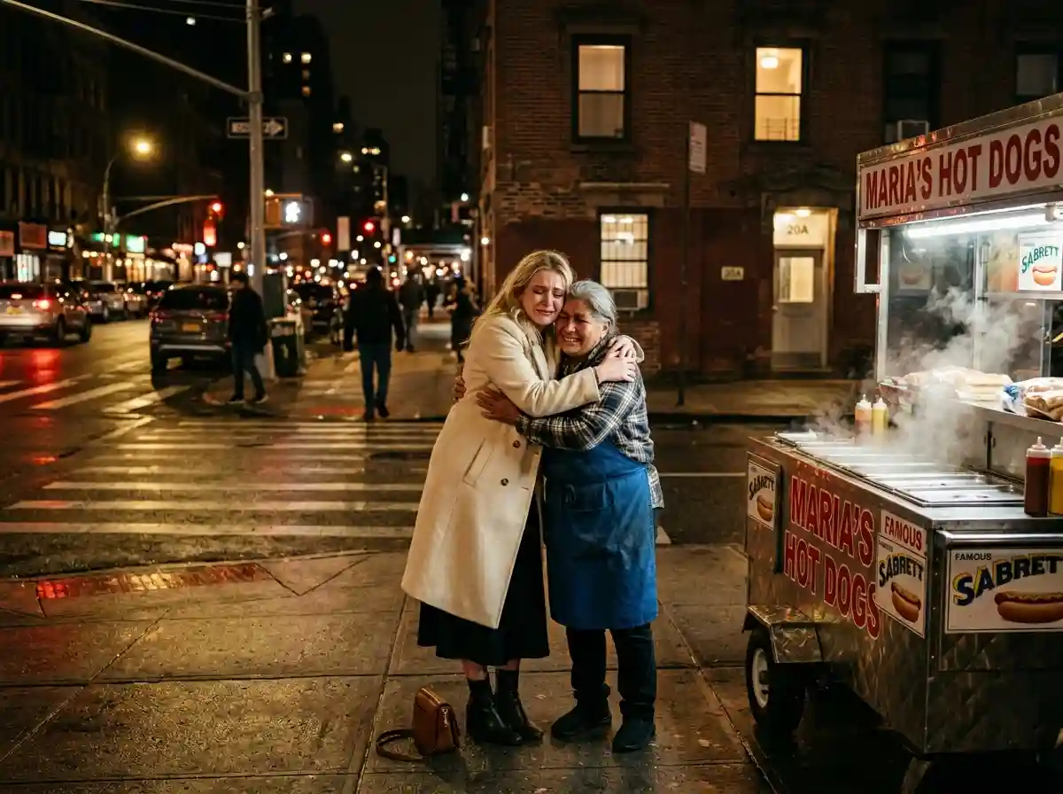 An emotional hug between a young wealthy woman and an older hot dog vendor on the street.