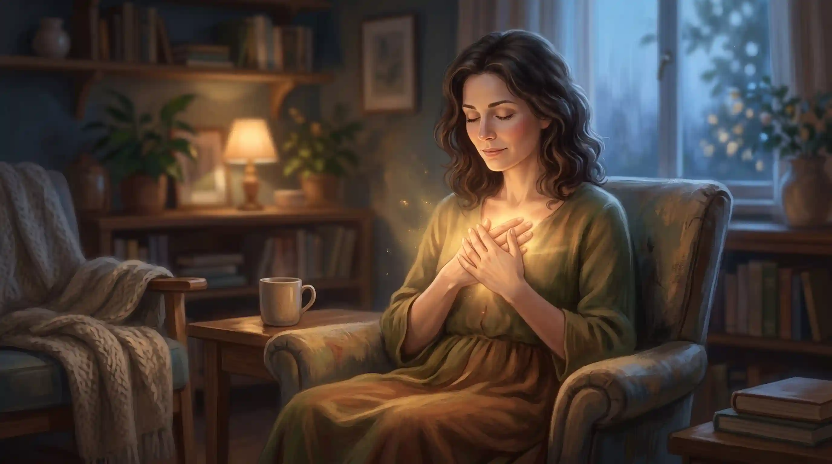 Illustration of a woman holding her hands over her glowing heart