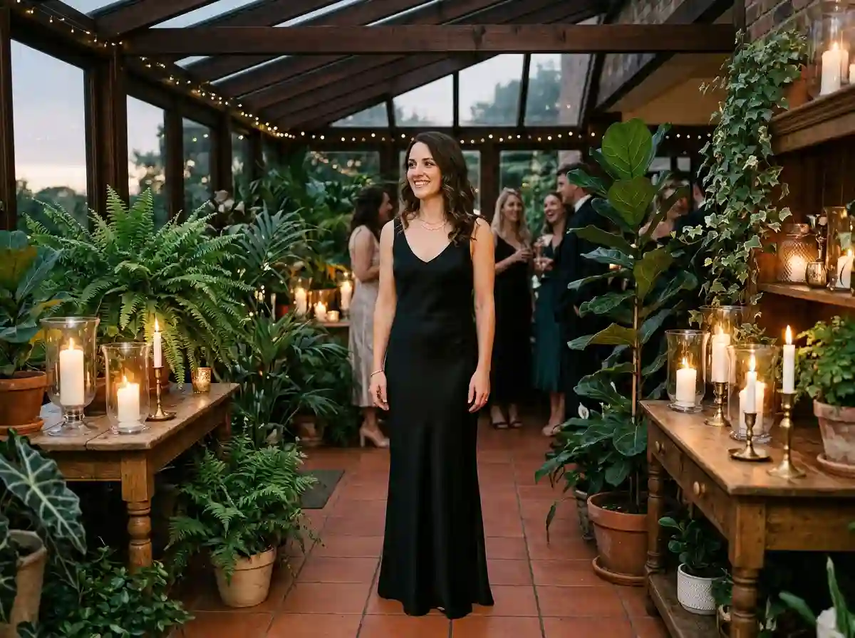 An empowered woman wearing elegant black silk standing in a candlelit room