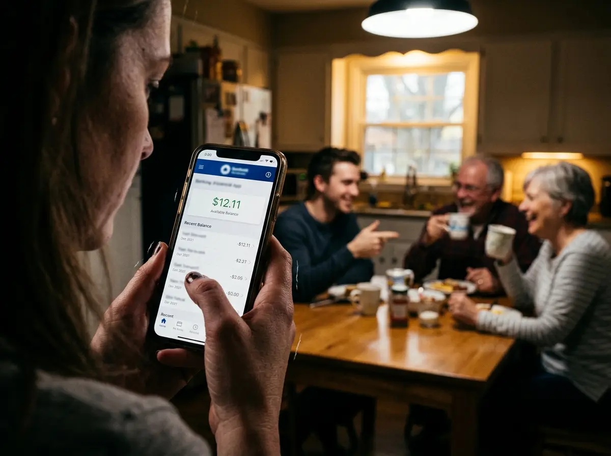 A woman holding a phone showing a near-empty bank account balance