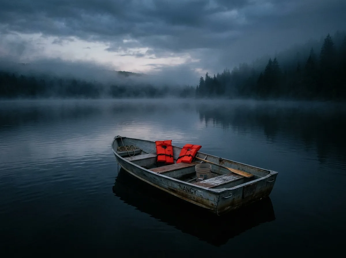 An empty fishing boat drifting on a dark, misty lake with untouched life jackets inside.