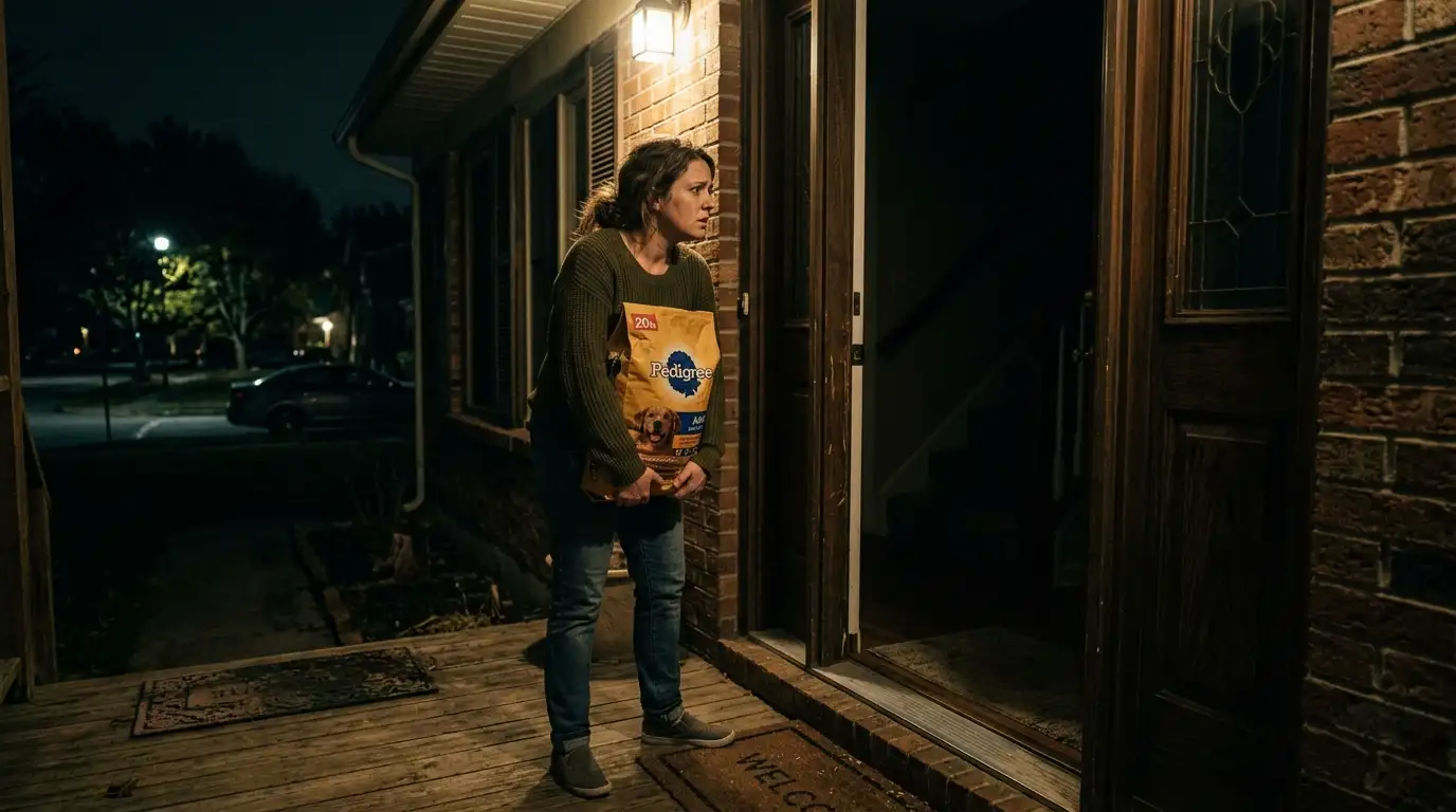 A woman holding dog food looking worriedly into a dark, empty hallway