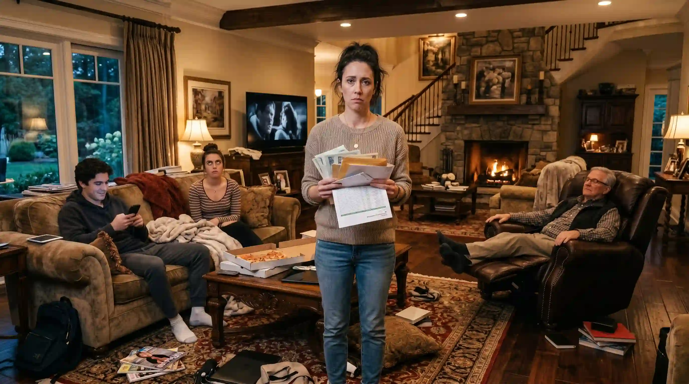 Harper standing exhausted in a luxury living room while her family lounges comfortably