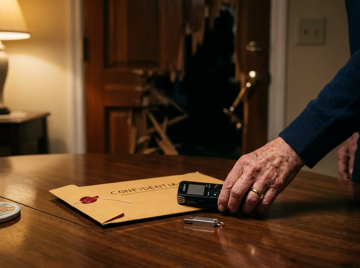 A flash drive, an envelope, and an audio recorder placed on a dining table