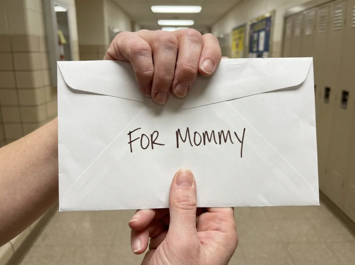 Trembling hands holding a white envelope that reads FOR MOMMY in youthful handwriting