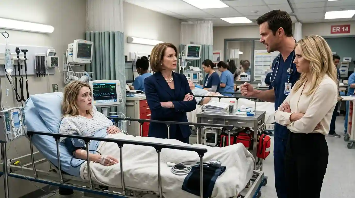 Dr. Hayes confronting Eleanor and Chloe in the emergency room