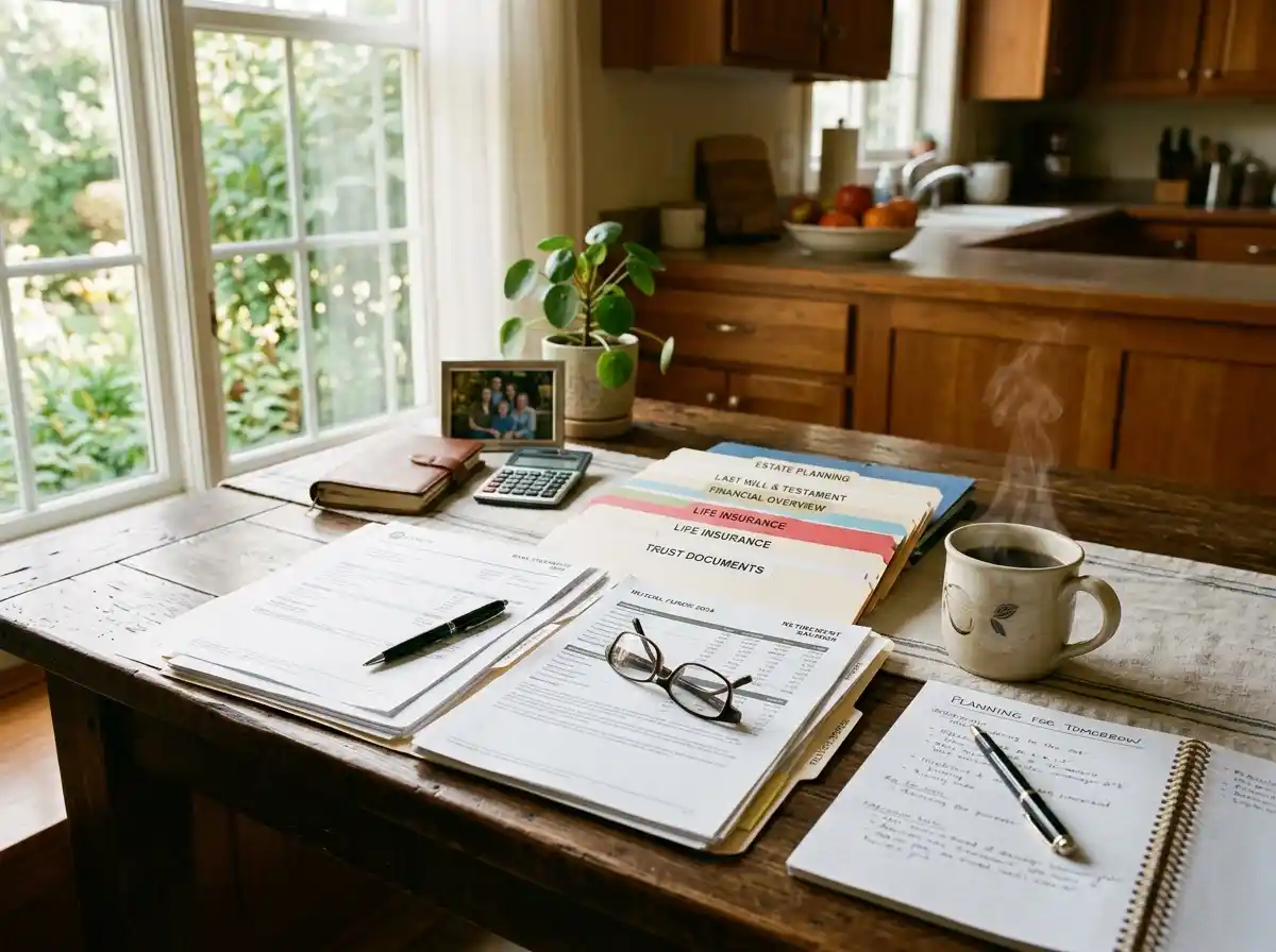 Financial documents and estate planning paperwork on a kitchen table