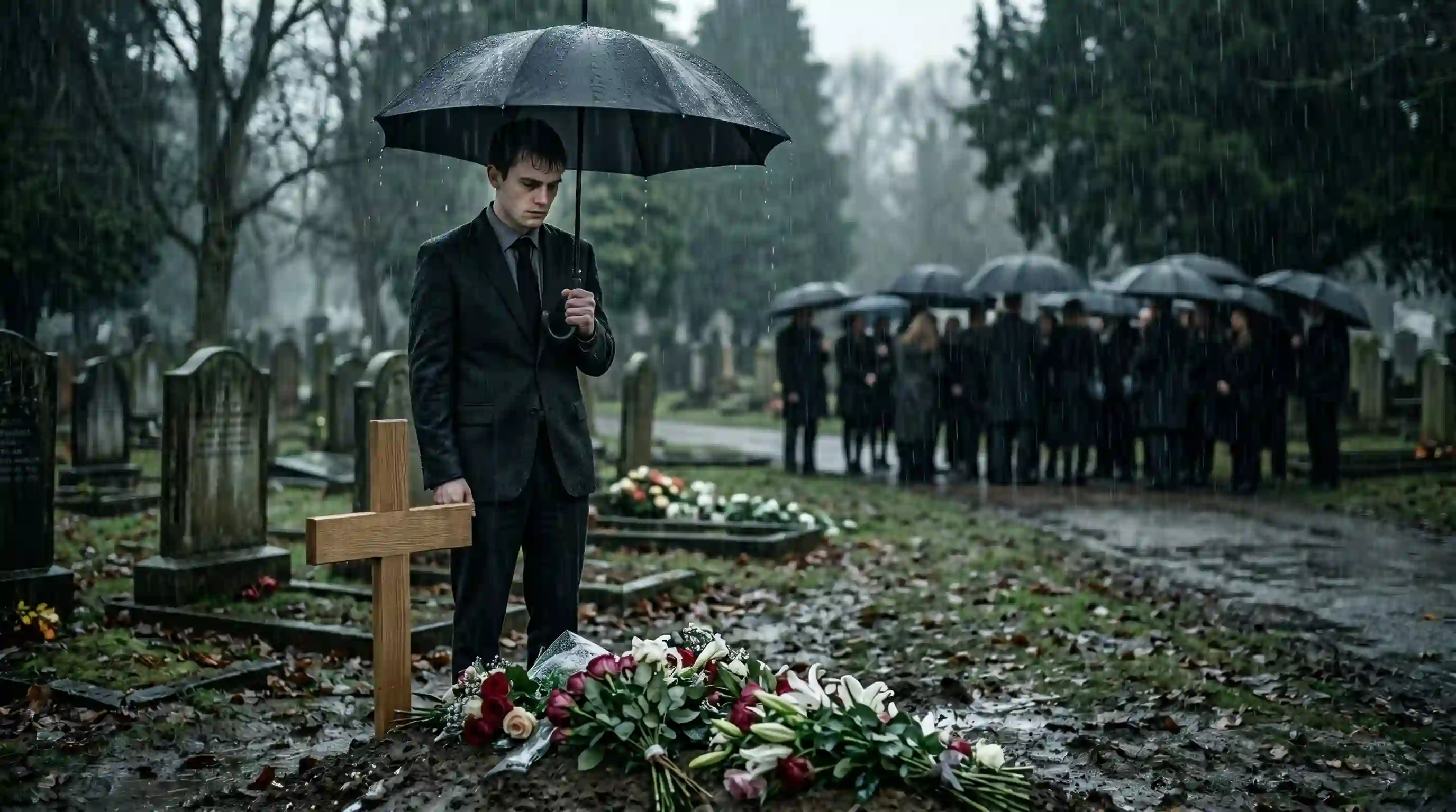 Man standing numbly at his brother's rainy funeral