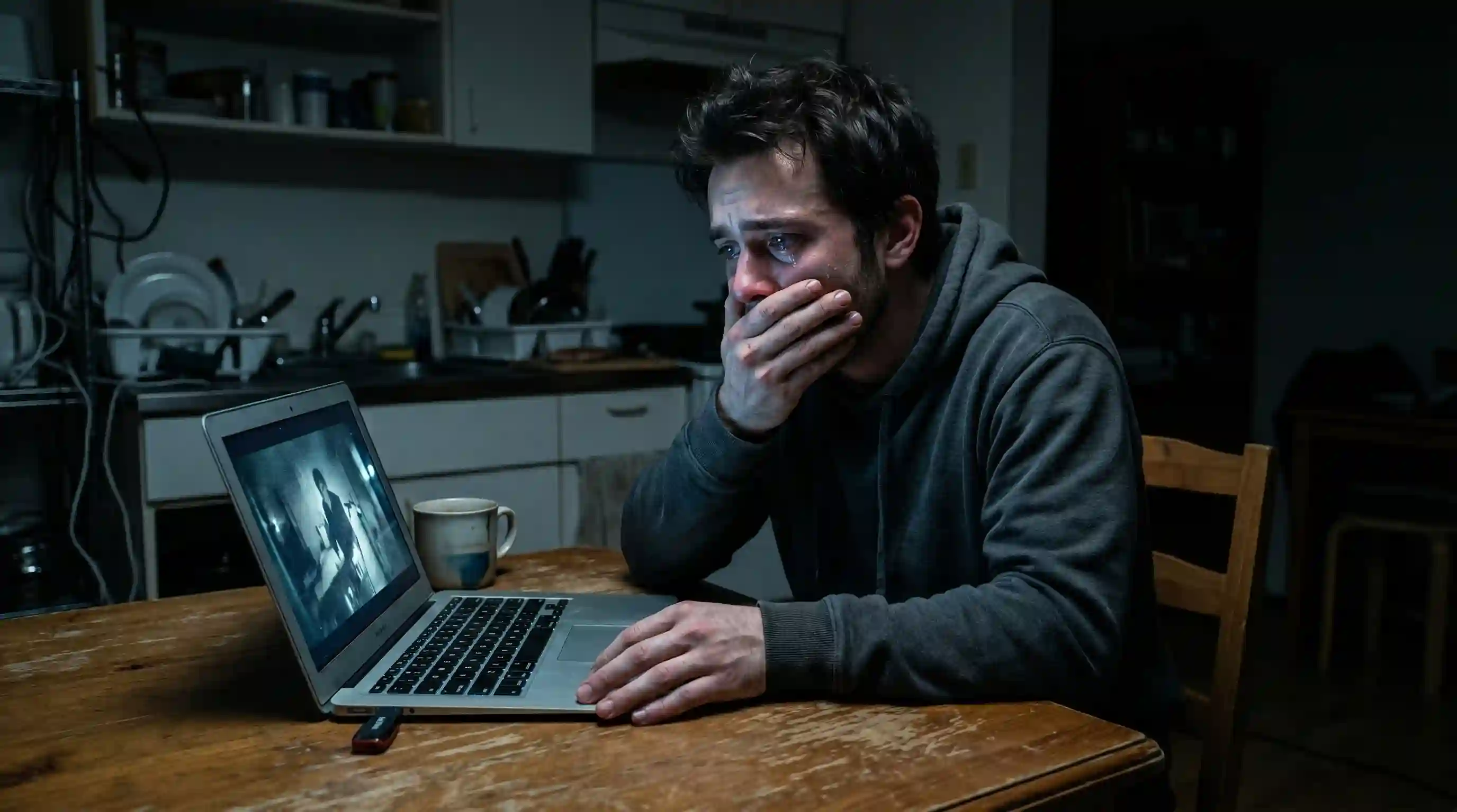 Man staring in horror at a laptop screen in a dark apartment