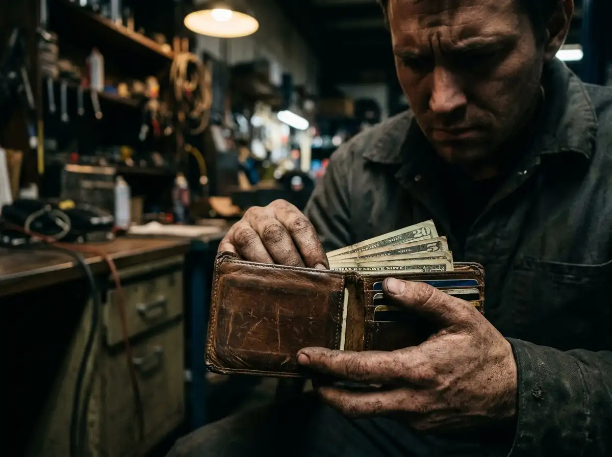 A close-up of Evan's grease-stained hands holding an open, worn leather wallet filled with cash
