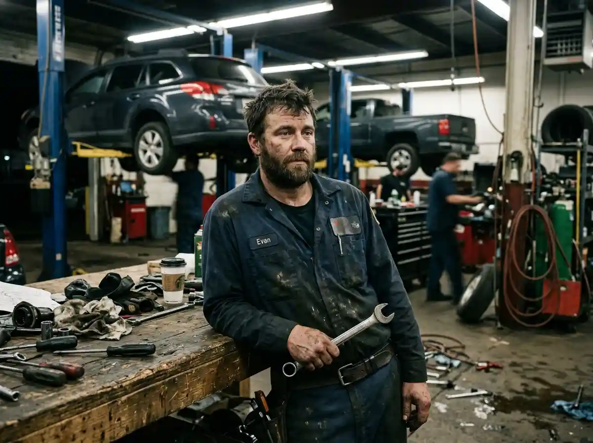 Evan, a tired mechanic in a grease-stained uniform, leaning against a workbench in his shop
