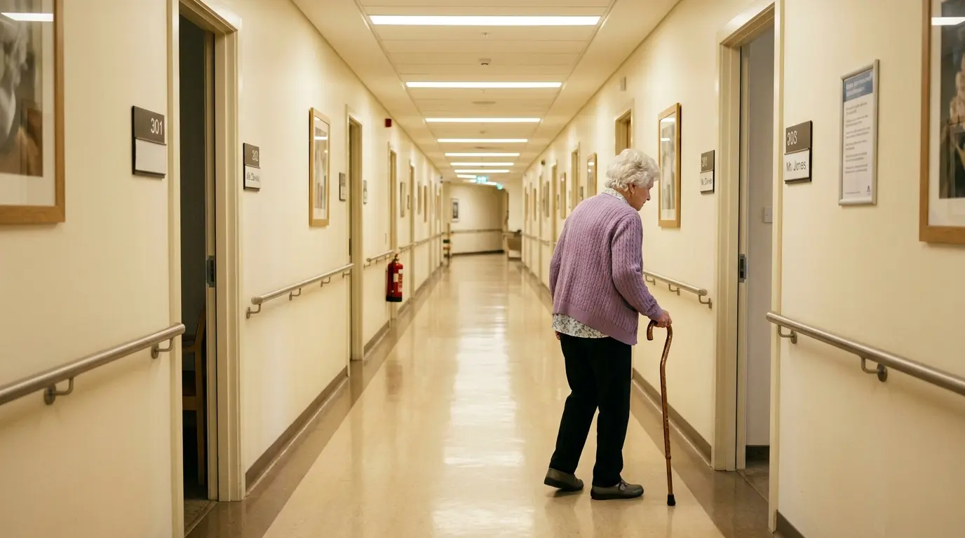 Evelyn walking slowly down an empty hallway in the nursing home with her cane.