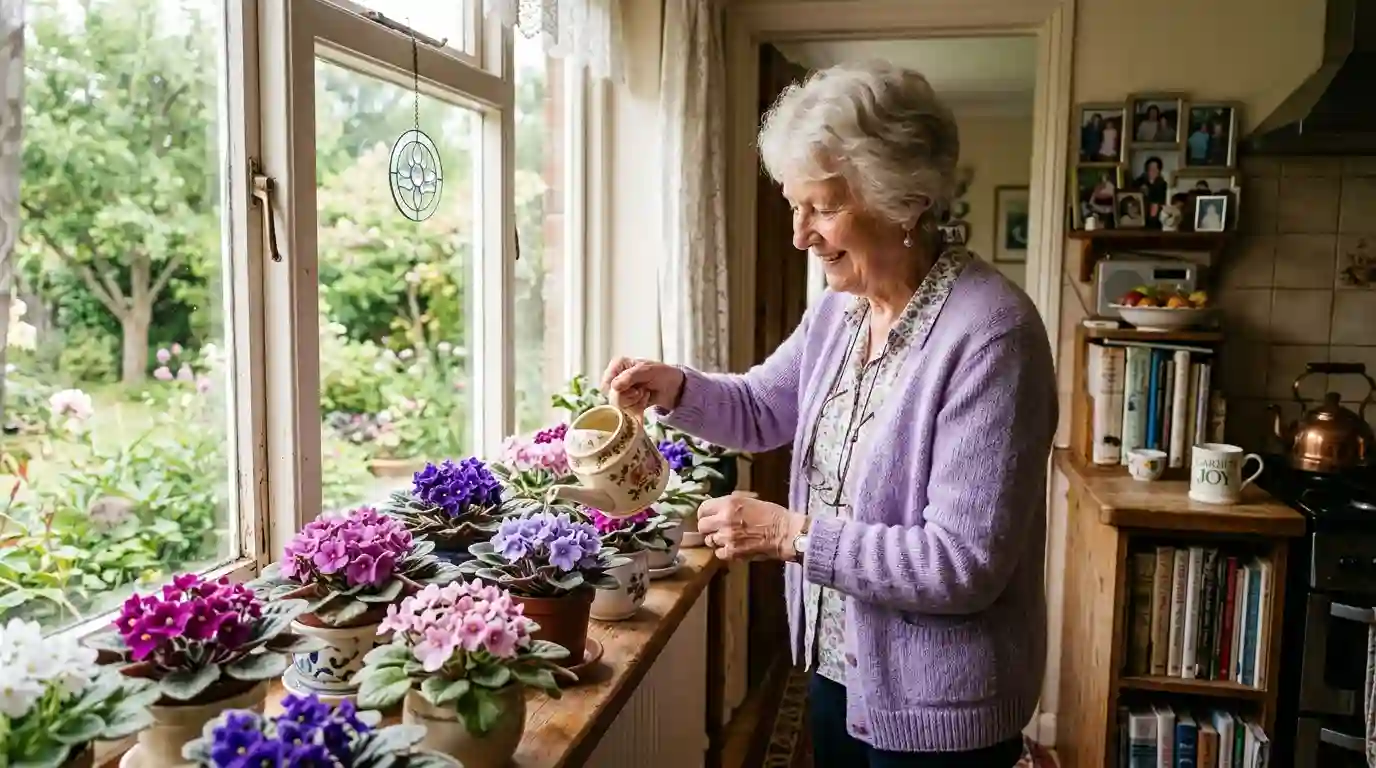 Evelyn happily watering her plants in her own sunlit kitchen, showing her independence.
