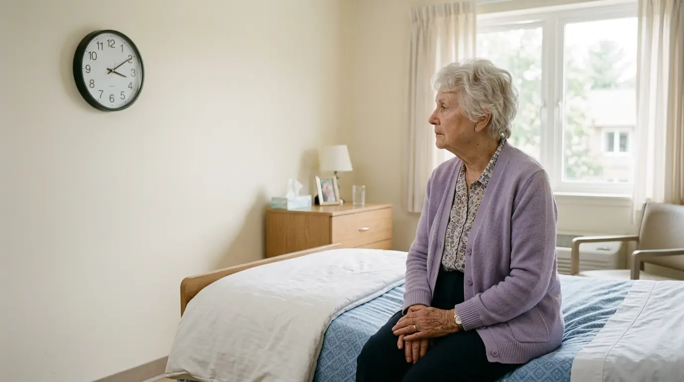 Evelyn sitting quietly on her bed in the facility, looking at the clock as time passes.