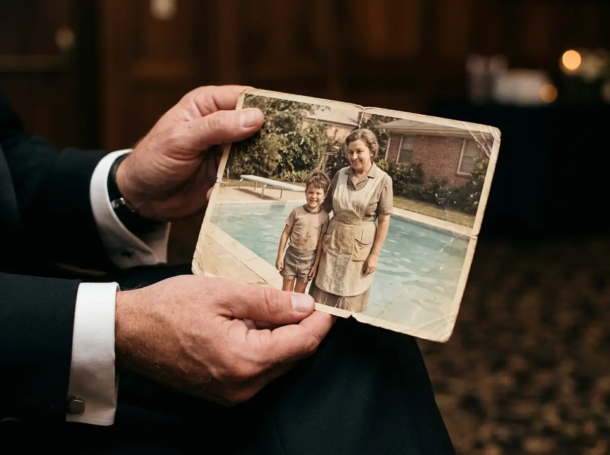 A man holding a faded photograph of a young boy and a housekeeper