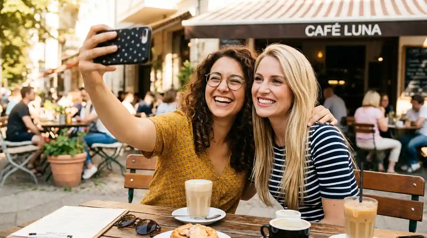 Two young women taking a selfie, one with a forced smile