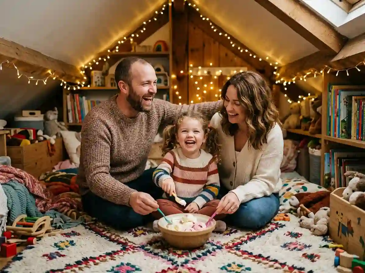 A joyful family moment in the fairy-lit attic playroom, eating ice cream and laughing together.