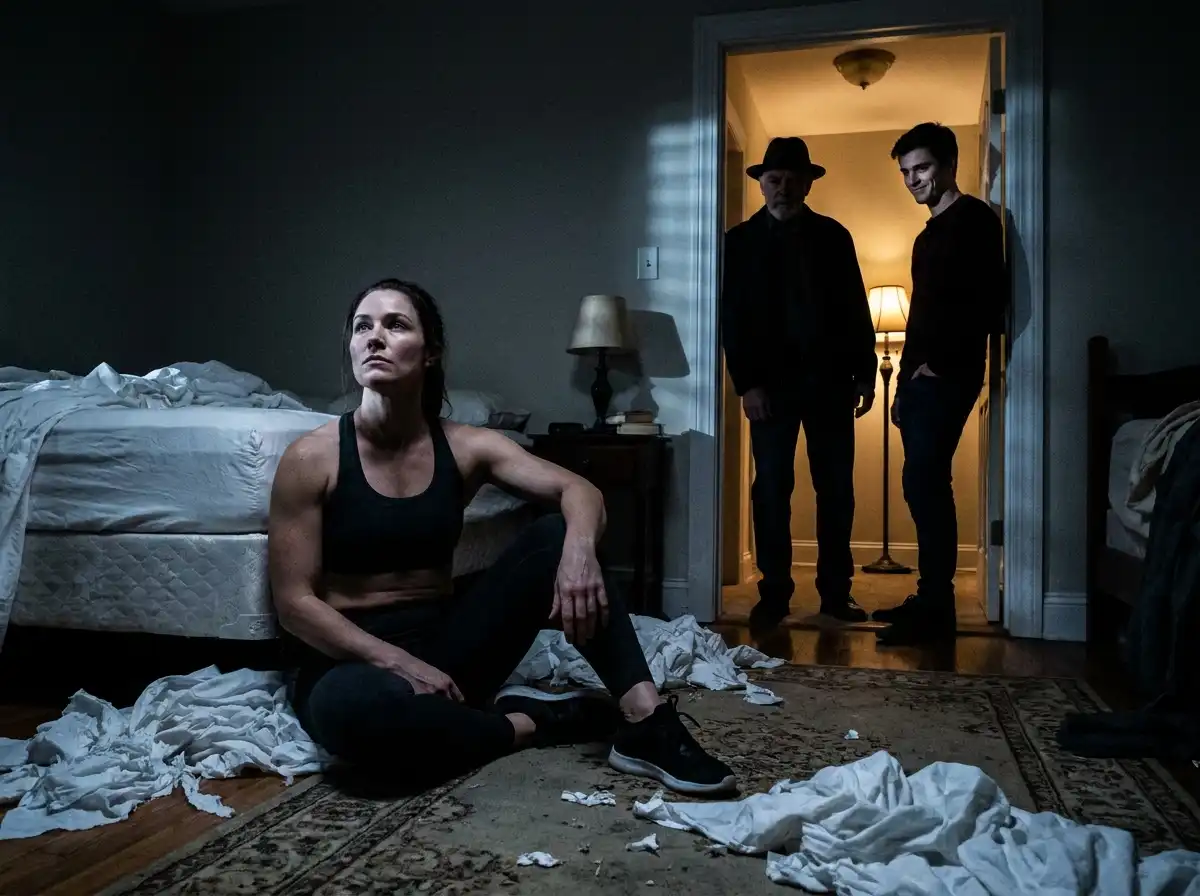 A woman sits on the floor in the dark while the silhouettes of two men smirk in the doorway.