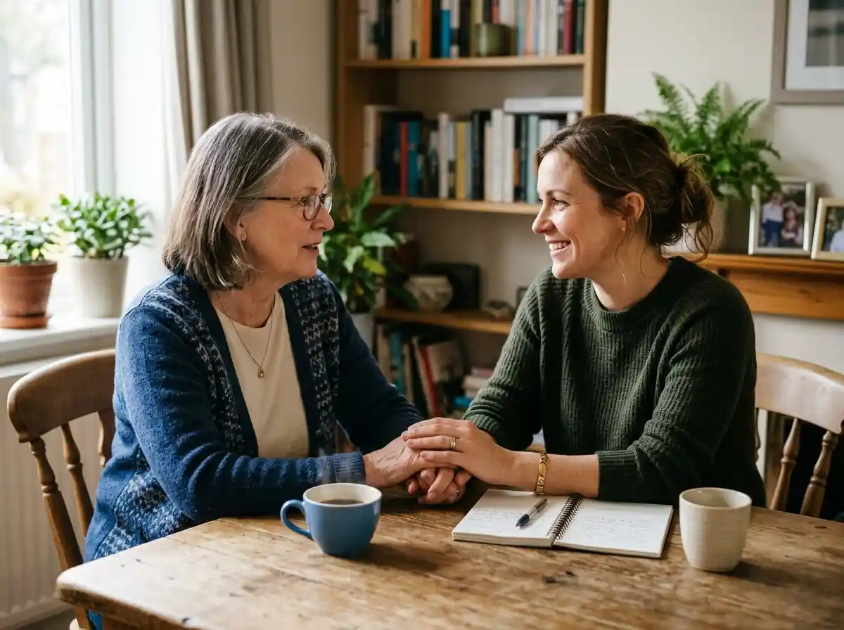An older mother and adult daughter holding hands and having a caring conversation