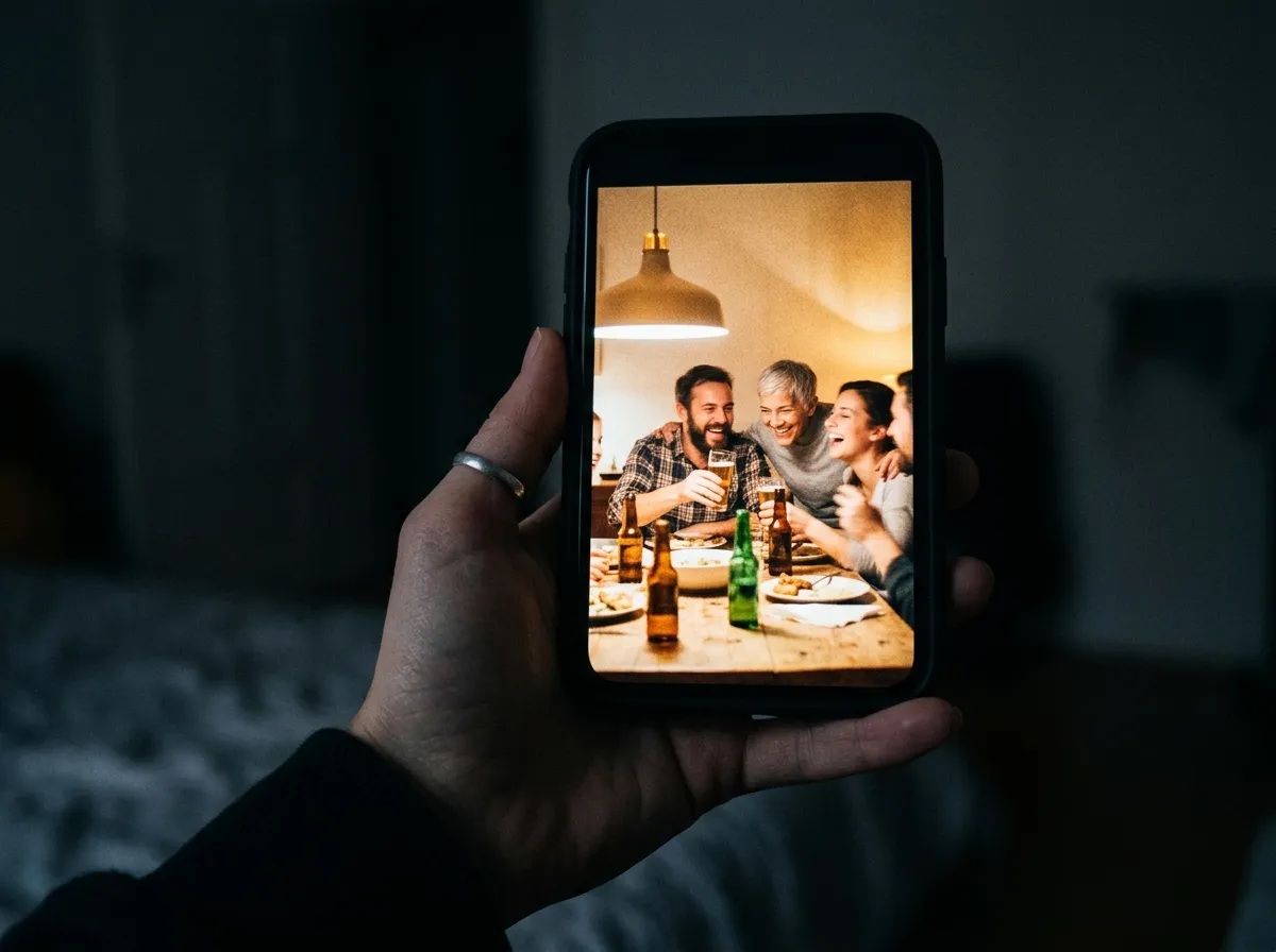 A family laughing at a dining table, viewed through a smartphone screen in the dark
