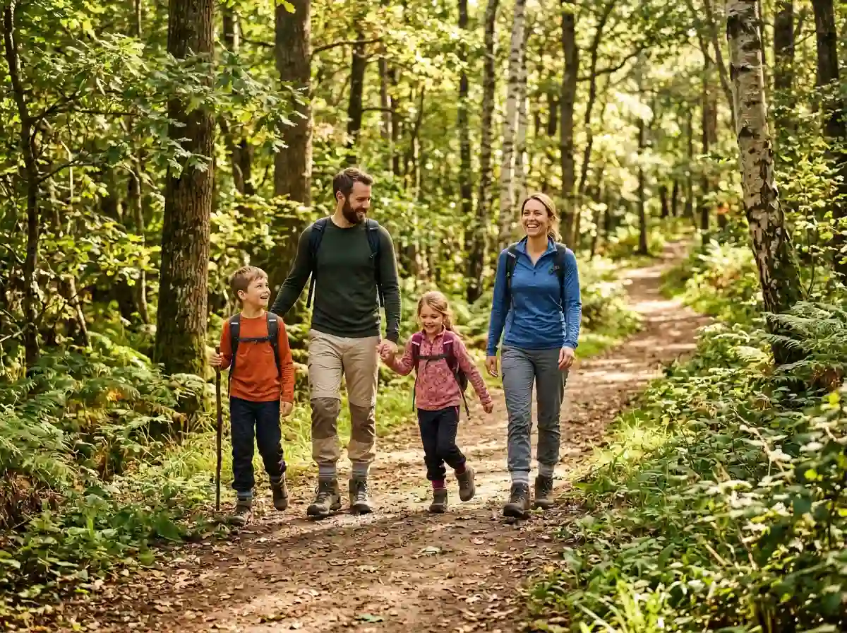 A happy family hiking safely in the woods wearing preventative clothing