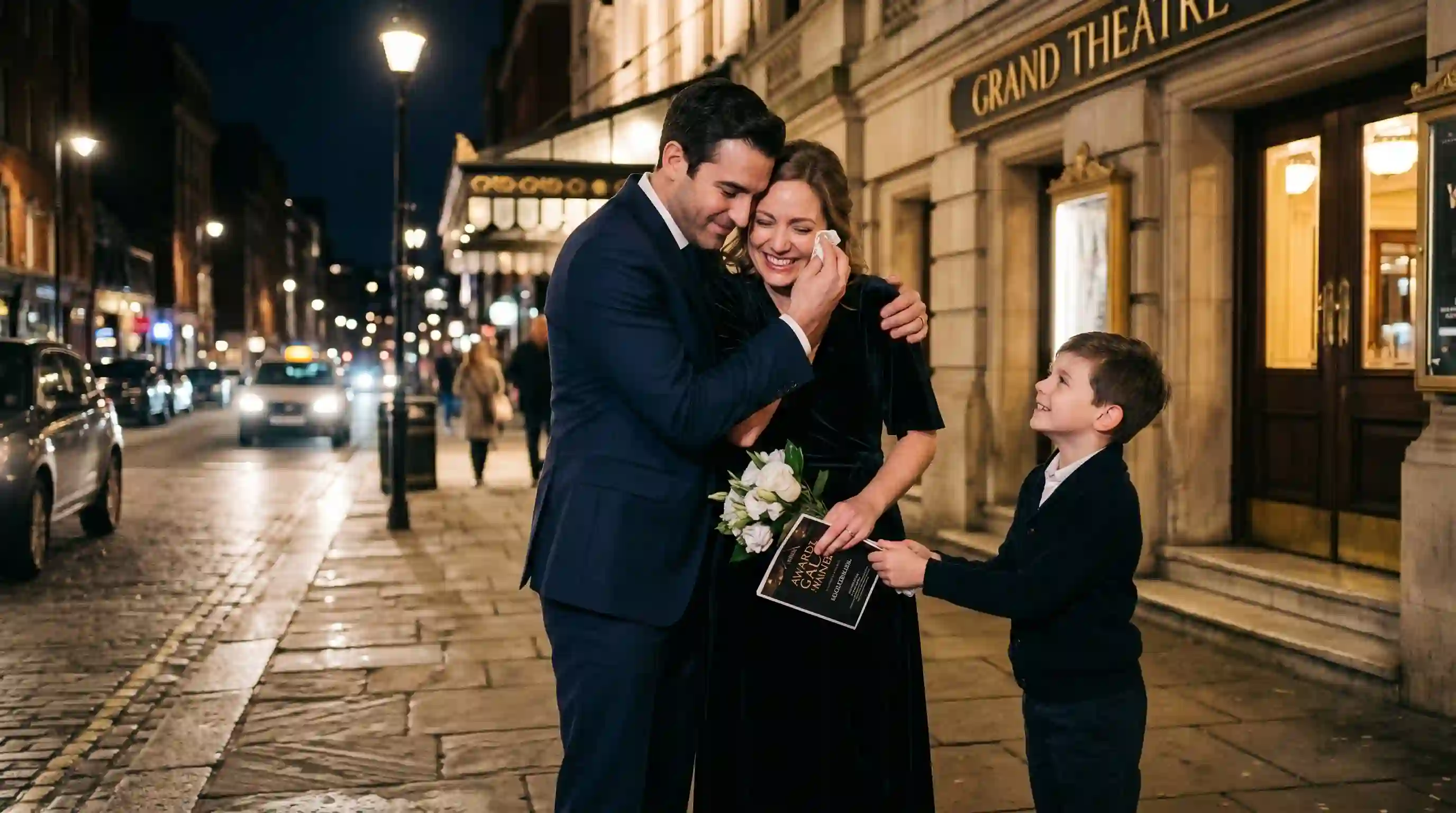 Daniel, Emily, and Noah sharing a touching moment outside the venue