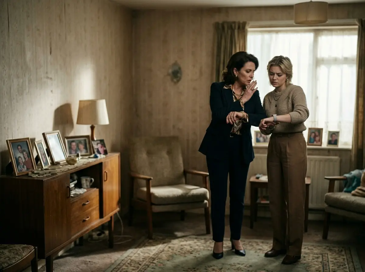 Two women standing in the background whispering and checking their watches with looks of disapproval.