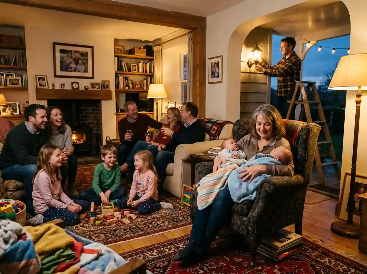 A lively, warmly lit home where the family is reunited around the grandmother holding her twins.
