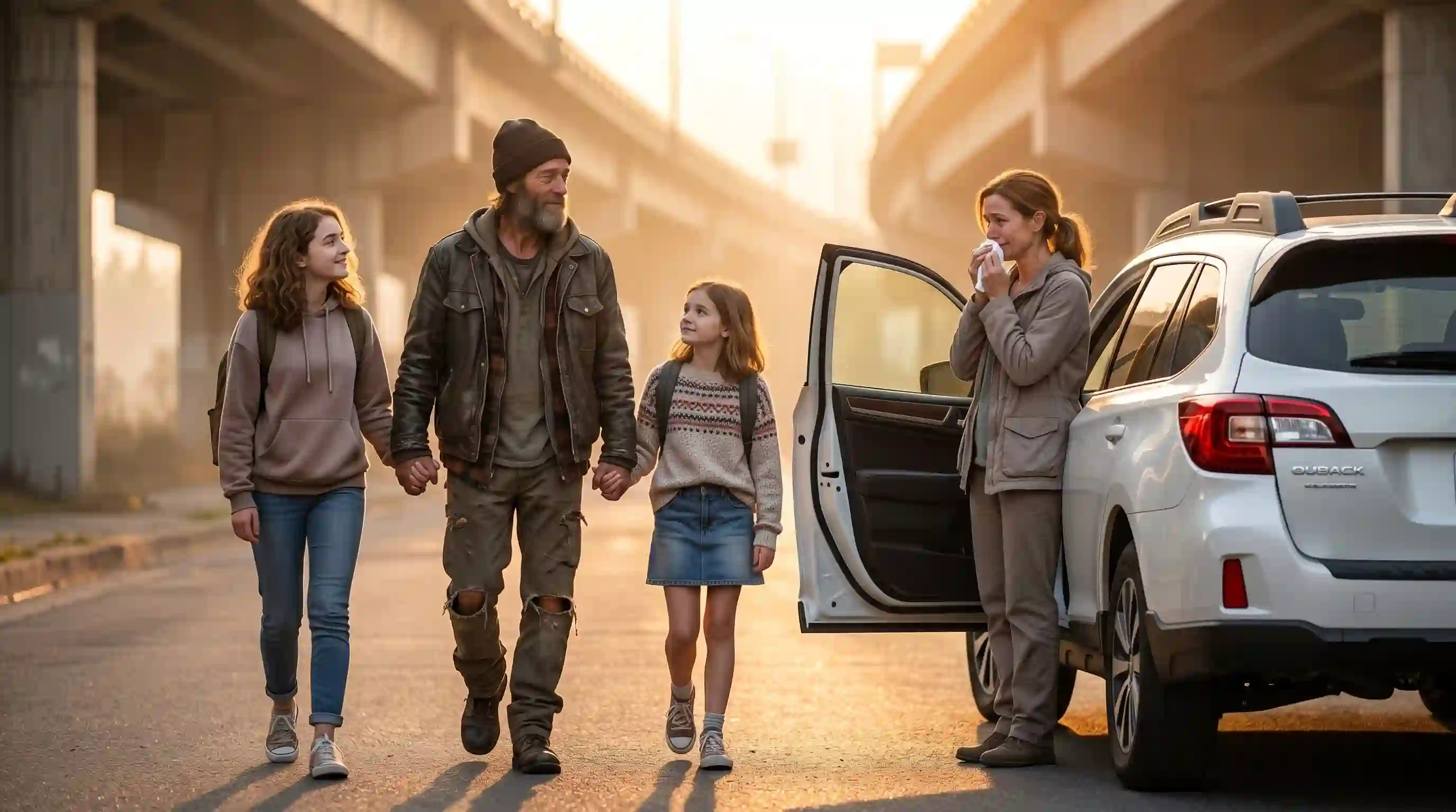 Father holding hands with his daughters walking toward an SUV