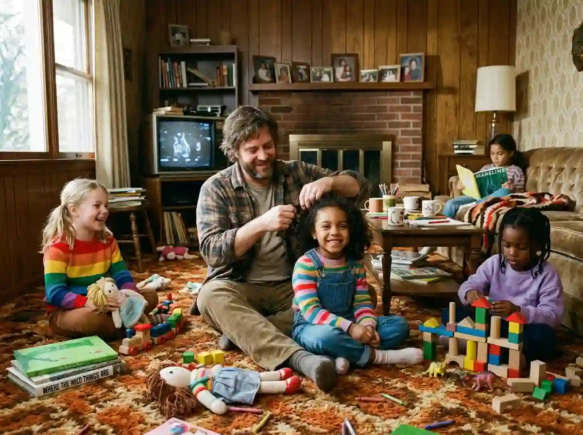 A tired but smiling white father attempting to braid a young Black girl's hair surrounded by playing children