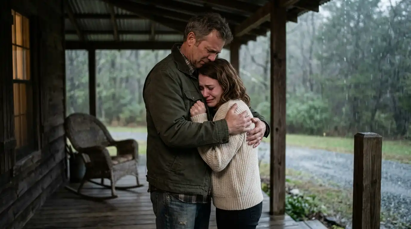A father and daughter hugging tightly on a porch in the rain