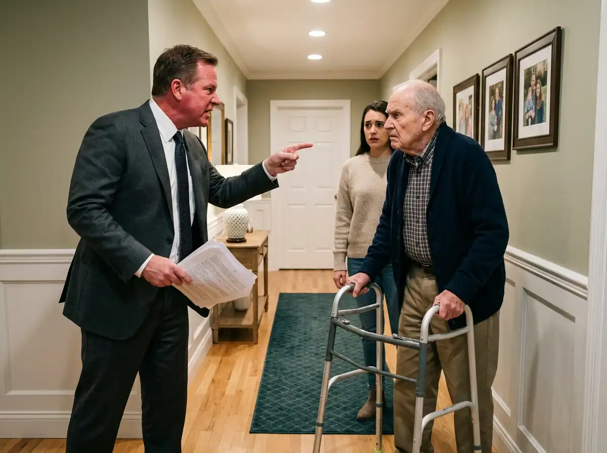 An elderly man with a walker fiercely confronting an angry man in a suit