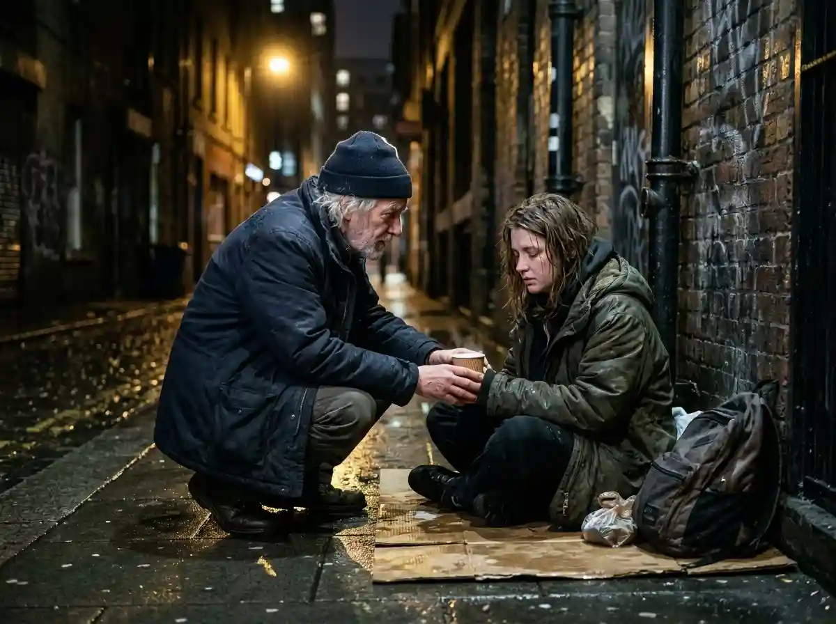 A realistic photograph of an older man kneeling beside his homeless daughter in a dark, rainy alleyway.