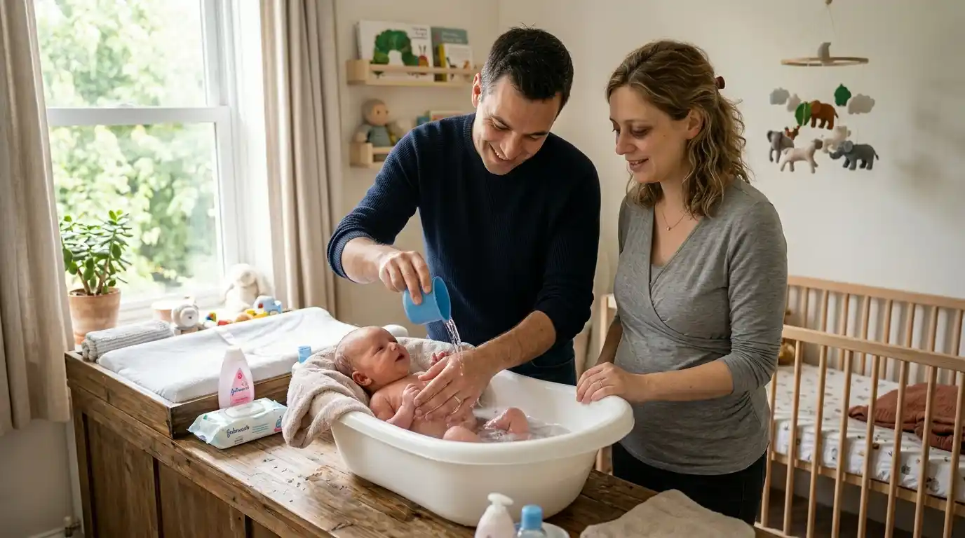 Father gently giving his newborn baby her first bath