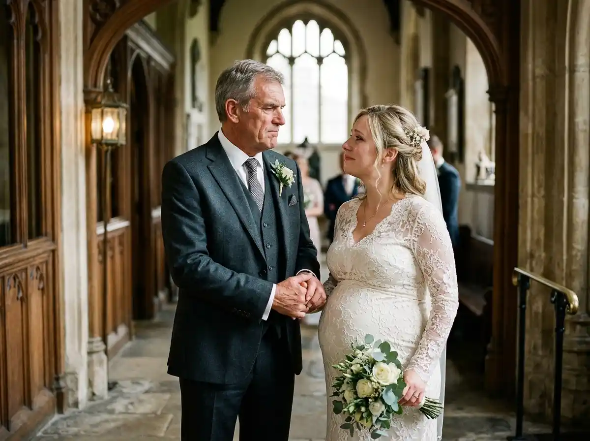 A father lovingly holding the hands of his pregnant daughter in her wedding dress