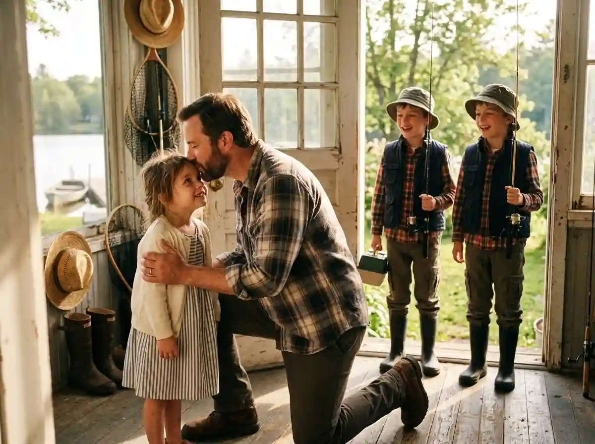 A father kissing his daughter goodbye before a fishing trip with his twin sons.