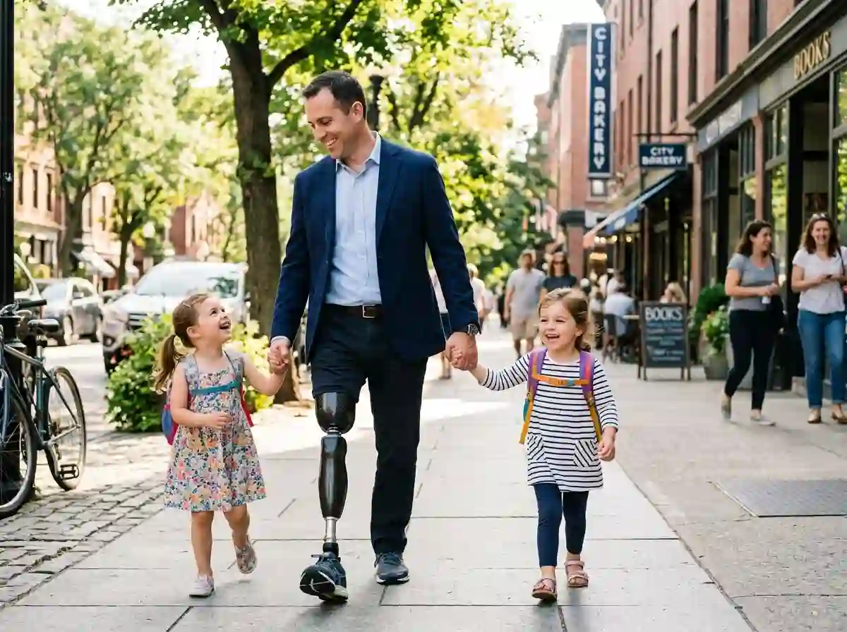 A confident man with a modern prosthetic leg walking hand-in-hand with his two preschool-aged daughters down a sunny street.