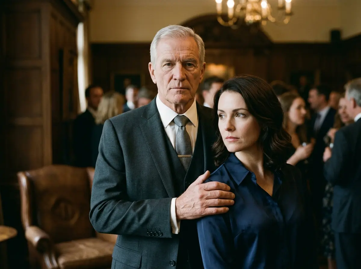 An older man in a charcoal suit standing protectively behind a young woman