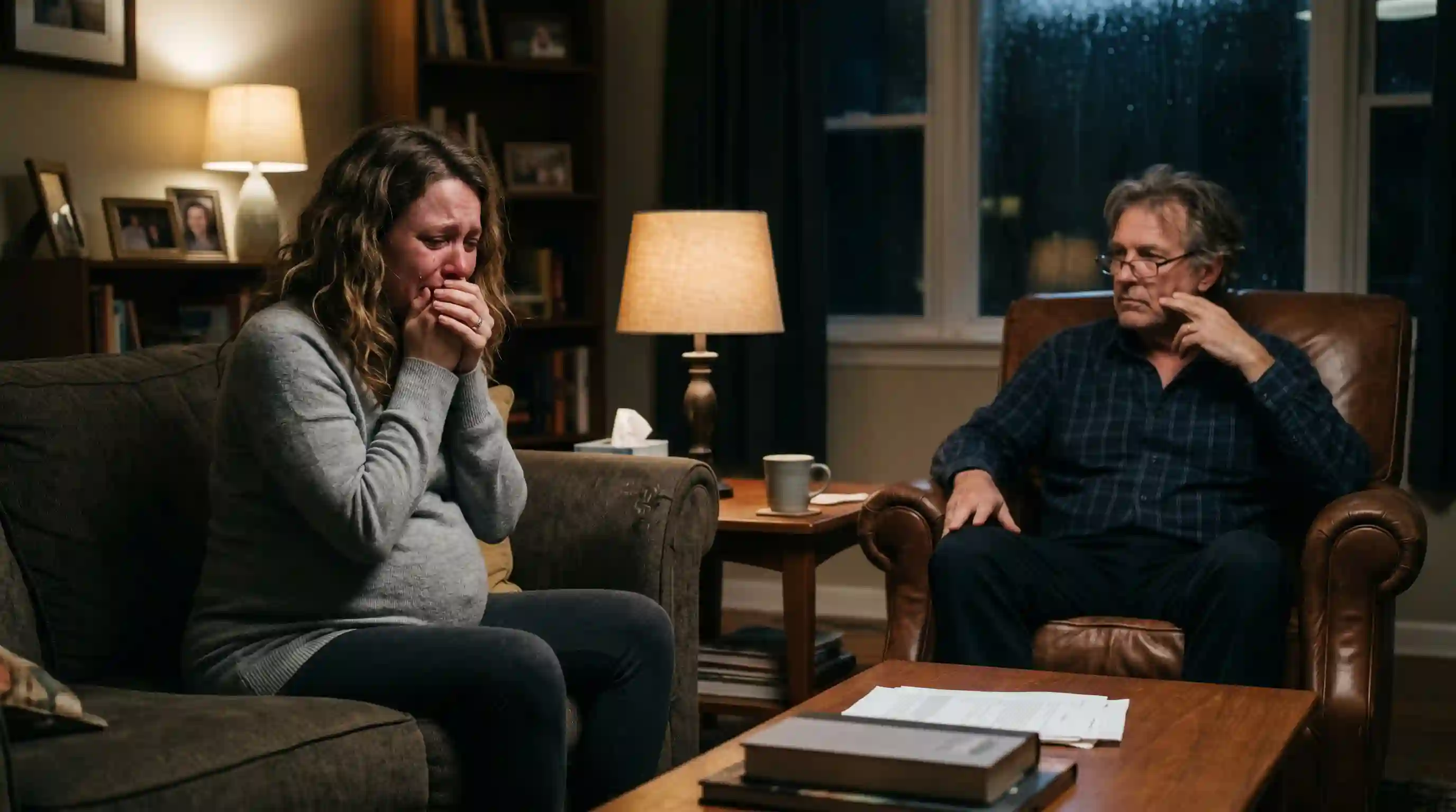 Pregnant woman crying across from her cold, indifferent father