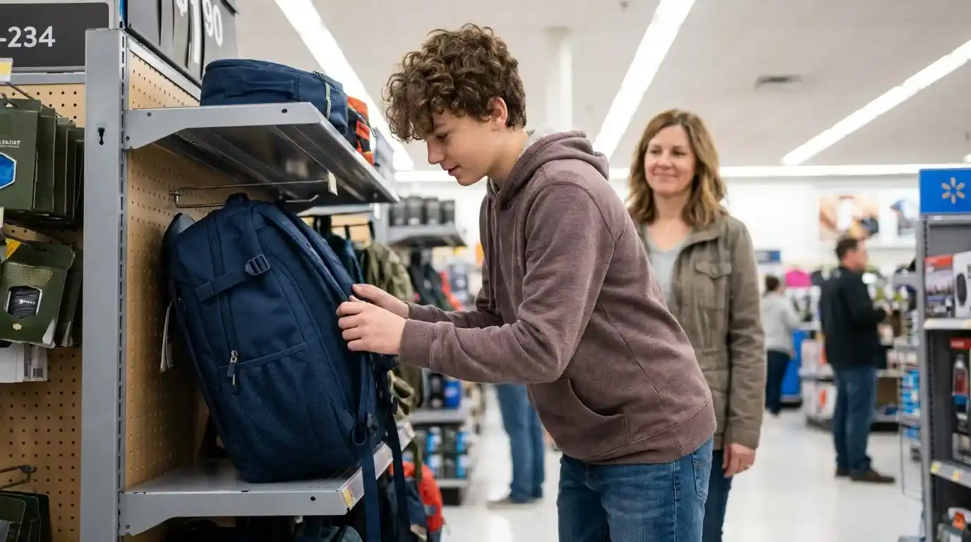Finn examining a blue backpack in the store