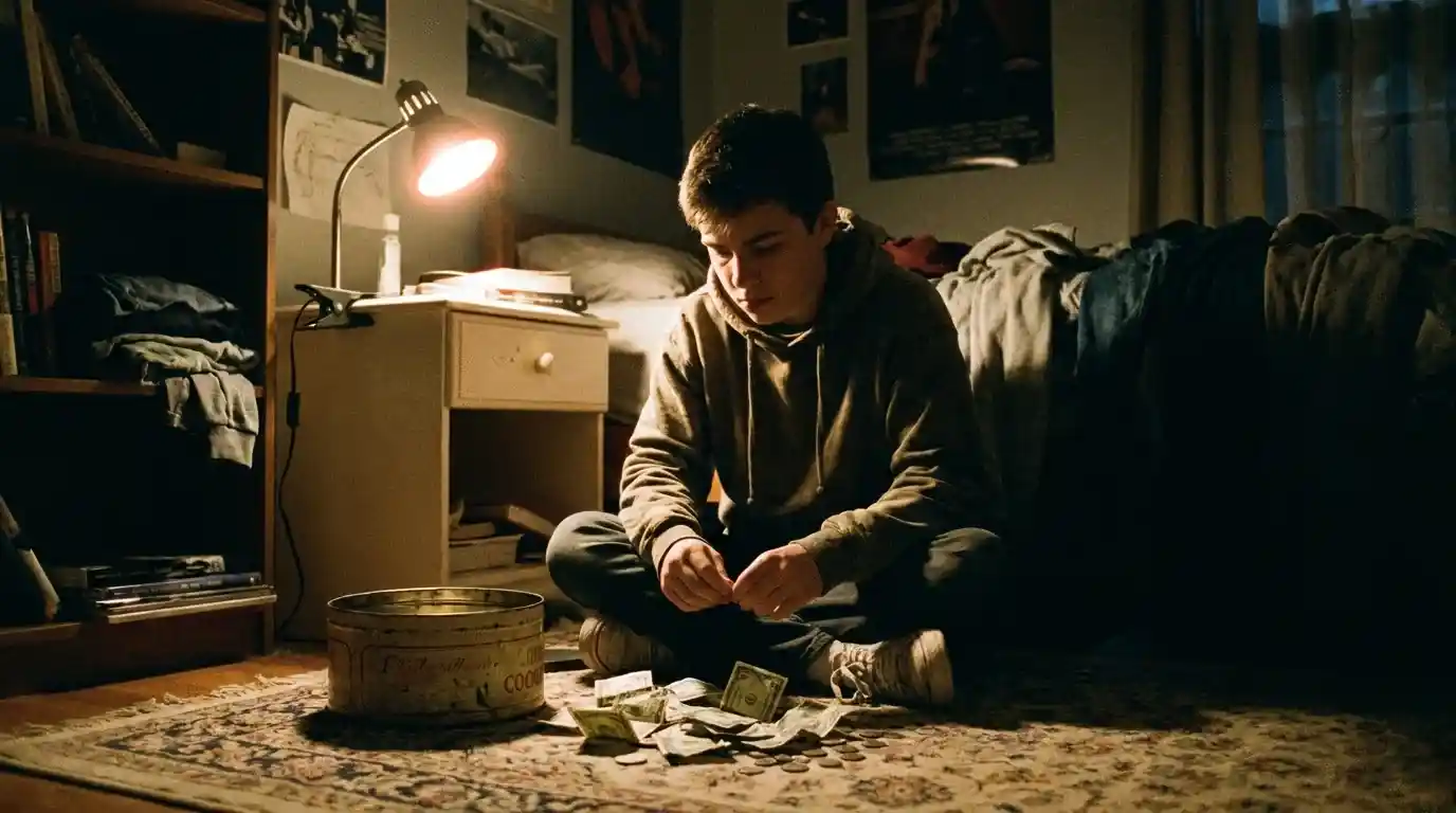 Finn counting saved money on his bedroom floor