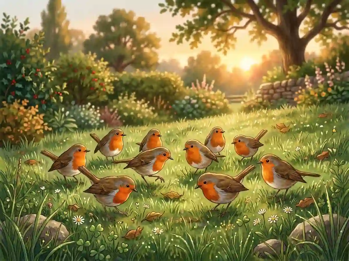 A small flock of European robins gathered peacefully on a grassy lawn
