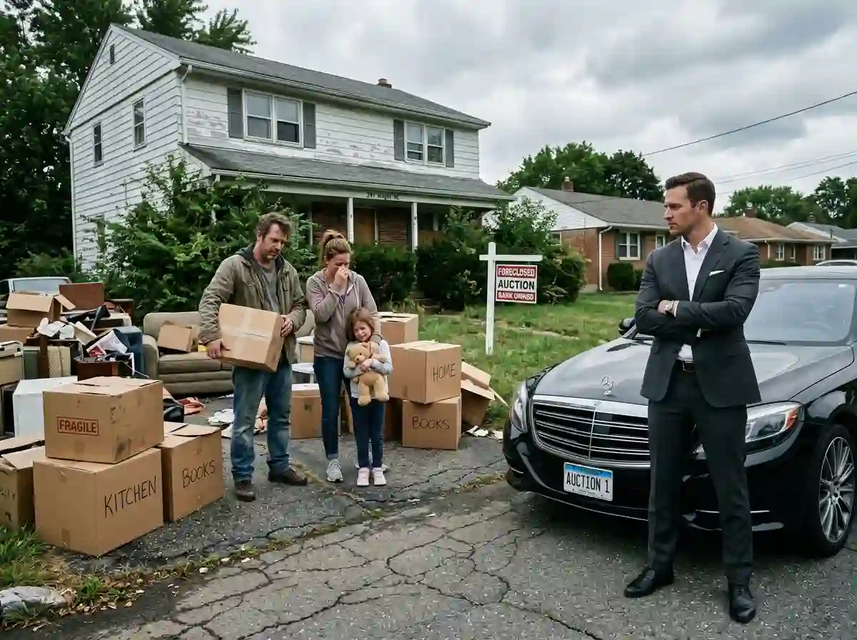 A successful man standing by a luxury car, looking at a defeated couple surrounded by moving boxes in a driveway.