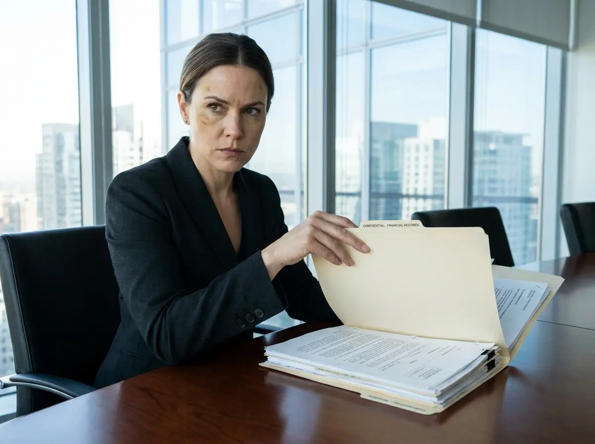 A confident female attorney in a black suit reviewing financial evidence in a boardroom