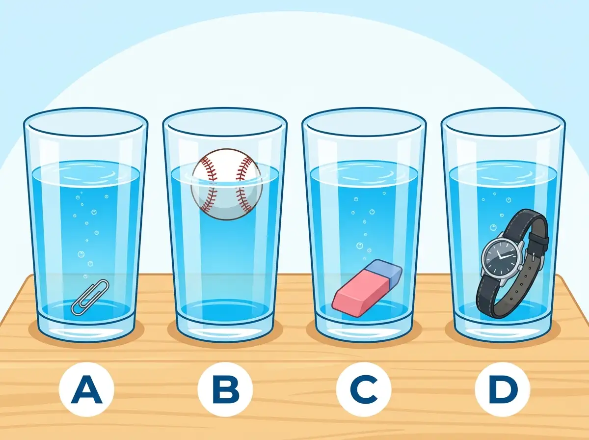 Four glasses of water filled to the same level containing a paperclip, baseball, eraser, and watch.