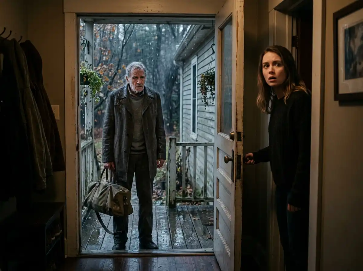 A frail older man standing on a porch in the rain holding a duffel bag.