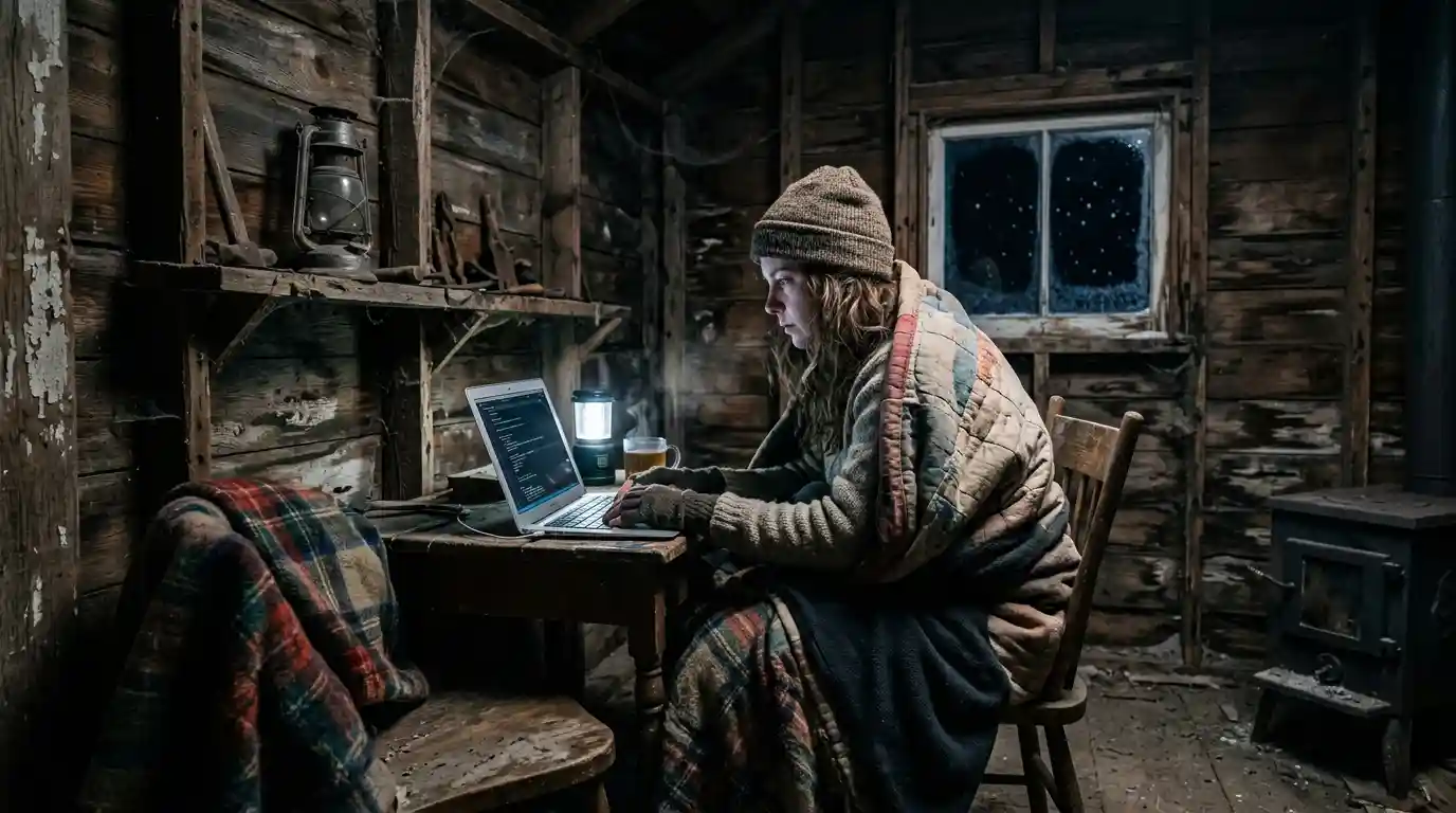 Sienna bundled in blankets working on a laptop in a freezing, run-down shack