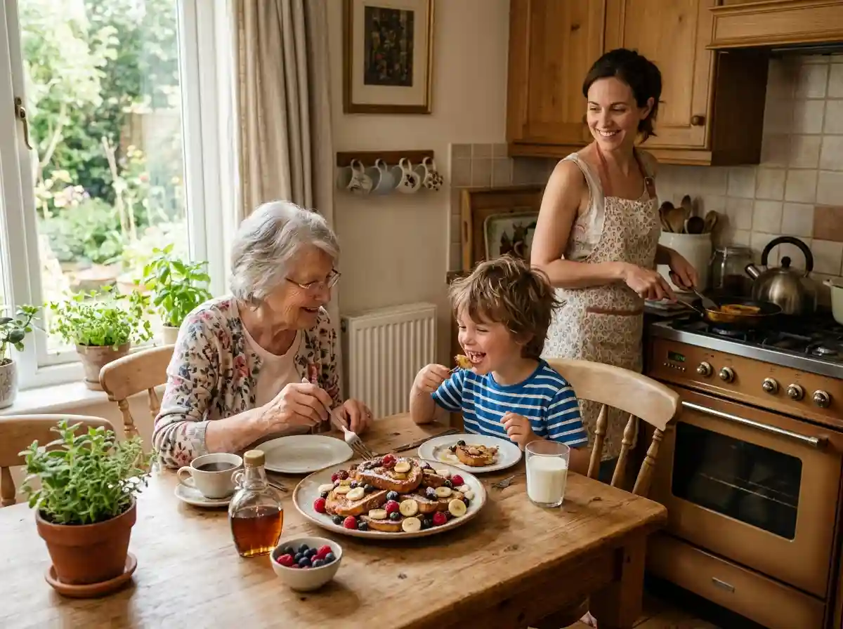Mrs. Adele and Oliver eating French toast together in a sunny kitchen