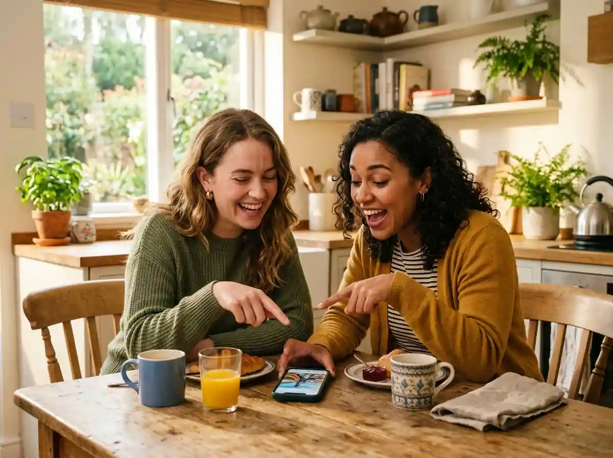 Two friends looking at a smartphone and playfully debating an image.