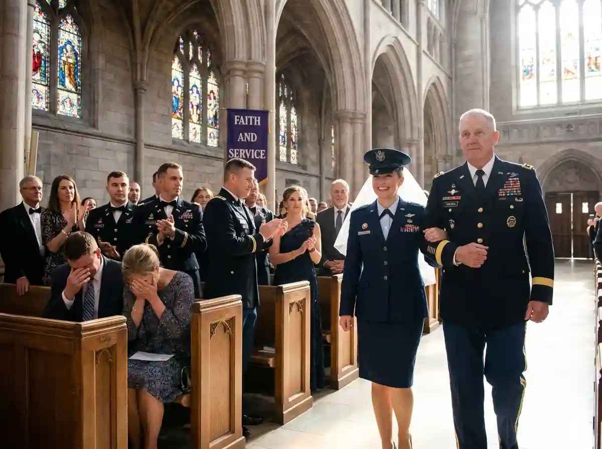 A Military General walking a bride in an Air Force uniform down the aisle of a church.